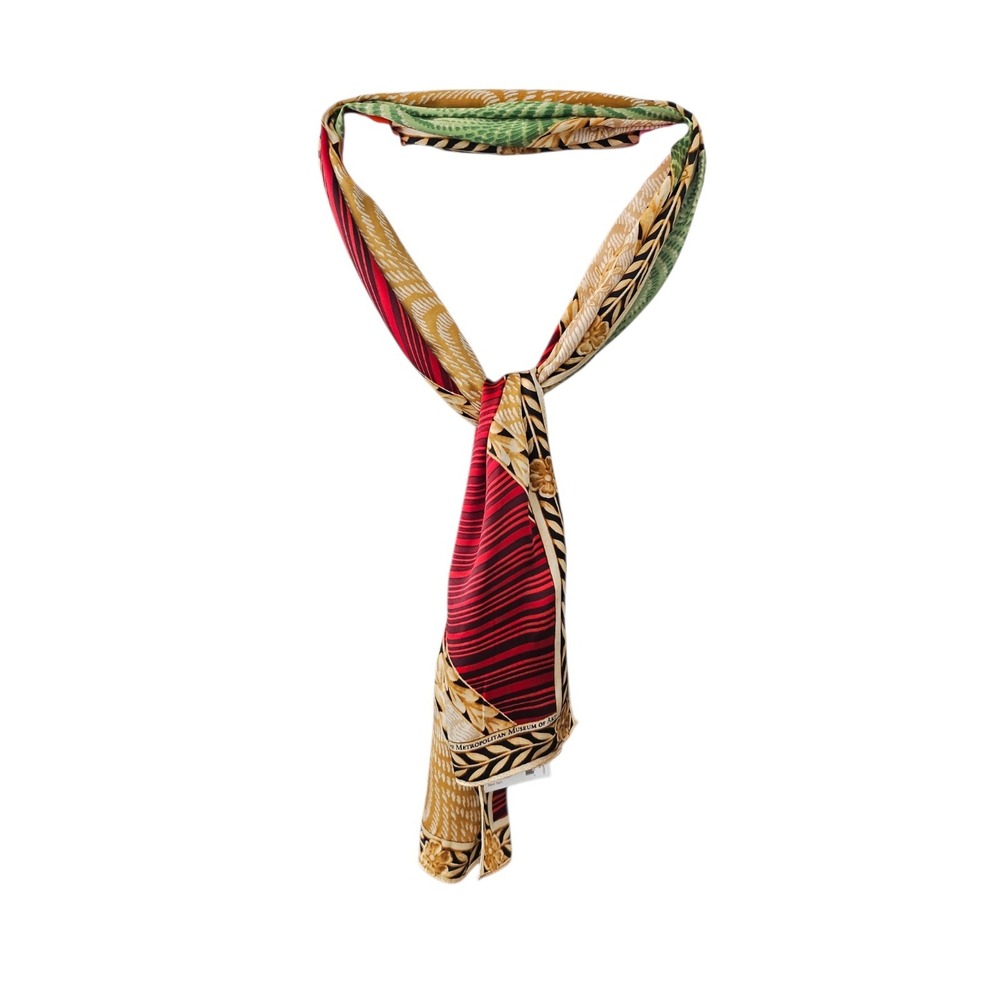 The Met Museum Guilloche Stripes Silk Scarf Fabergé Inspired Ruby Emerald Gold